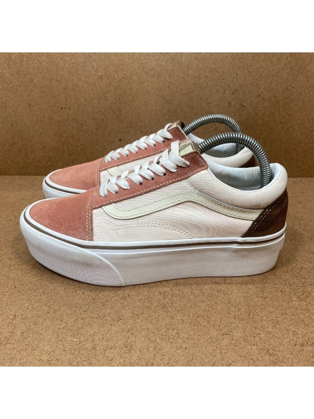 Vans Women Old Skool Stackform Sneakers Pink & White Suede Canvas Size 8 Casual